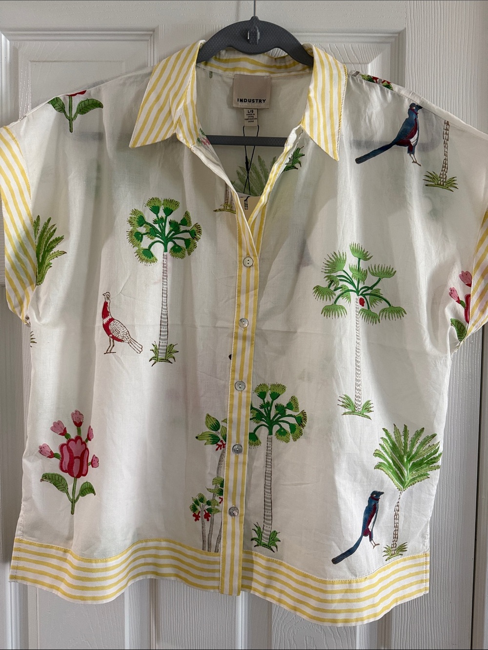 INDUSTRY Button-Up Shirt with Tropical Bird & Palm Print - White & Yellow
